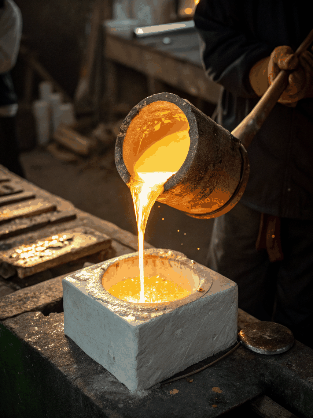 Molten gold being poured into a casting mold