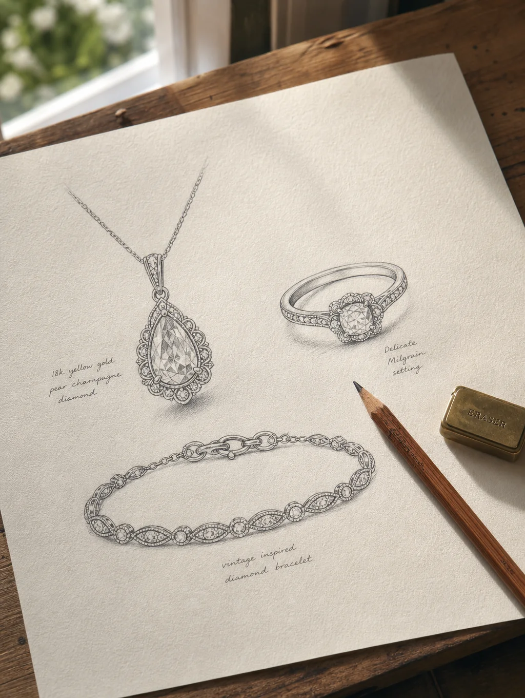 Hand-drawn jewelry design sketches on parchment paper