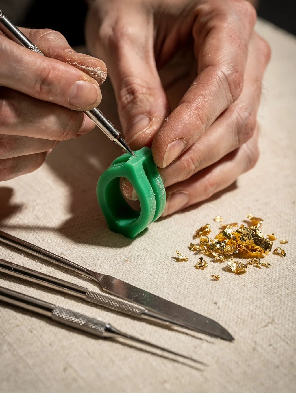 Jeweler carving a wax ring model at a workbench